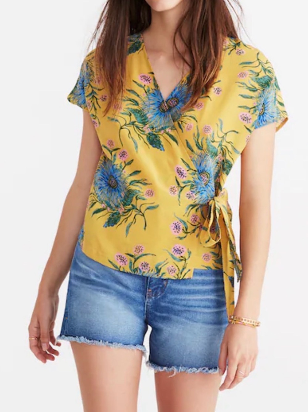 Madewell Yellow Floral Wrap Blouse with Blue Bloom Print